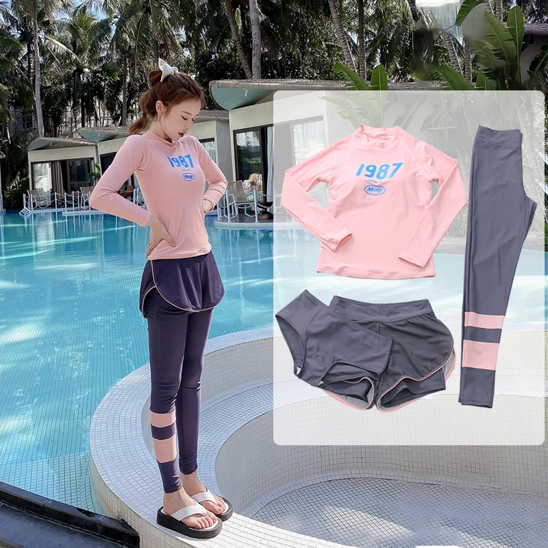 Long Sleeve Rash Guard Women Solid 4 Pieces Swimsuit Swimwear Bathing Suits Surfing Pad Long Pant Sun UV Protection Sports