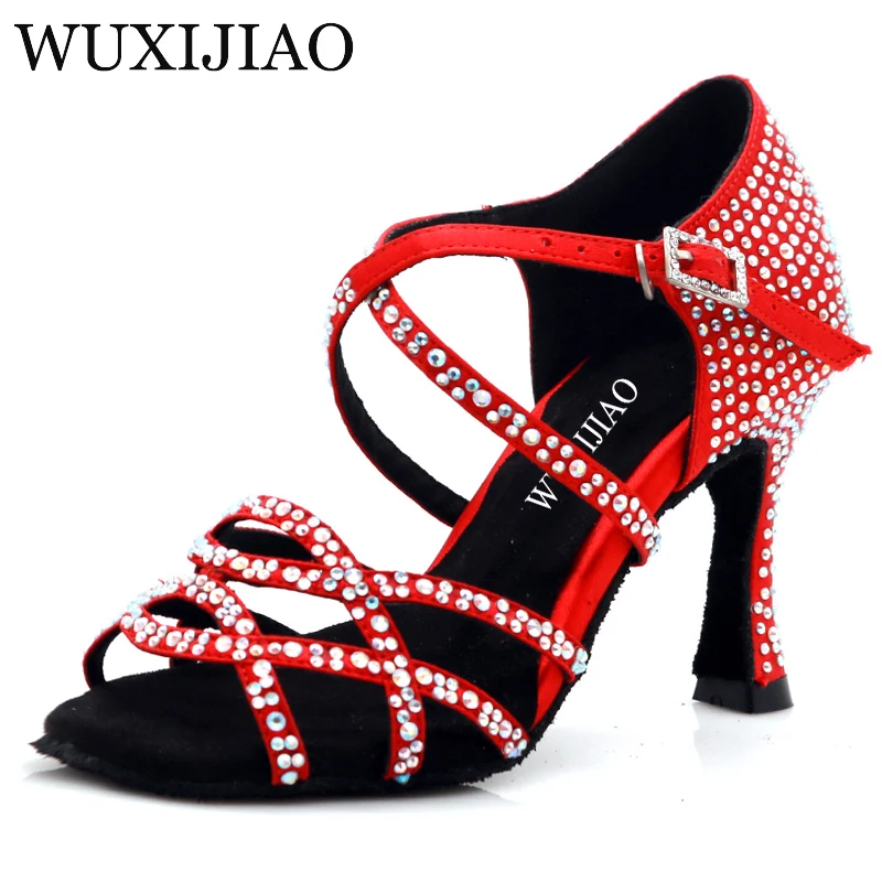 WUXIJIAO women's Latin dance shoes color satin sequins rhinestones Cuban high heels 9cm