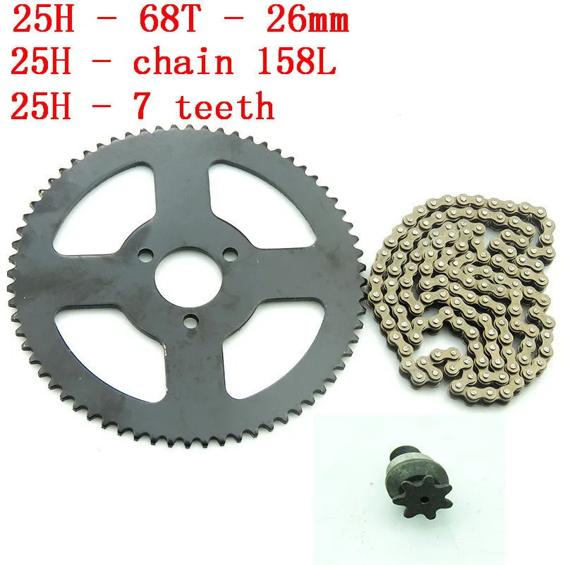 Łańcuch motocyklowy 25H 158L z zębem 68T 26 mm tylna zębatka 7T zębnik do 47cc 49cc ATV Quad Mini Dirt Pocket Bikes Minimoto