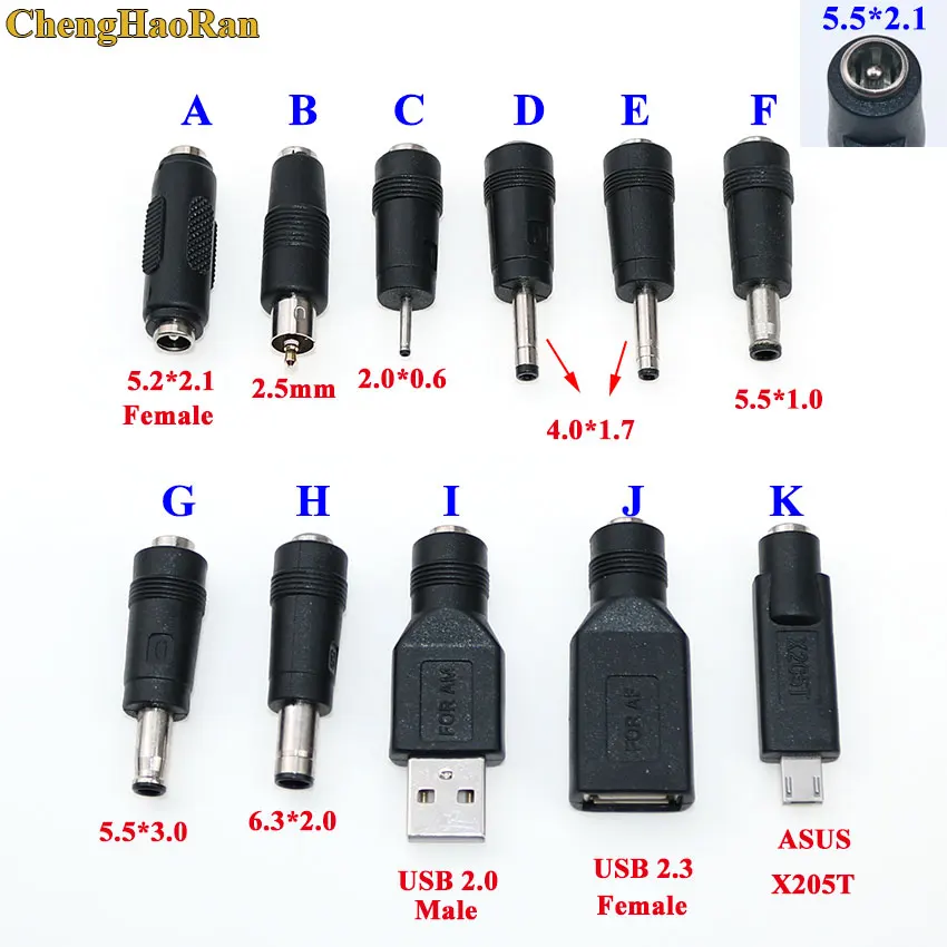 DC jack 5.5 X 2.1 mm female to 2.0 *0.6 4.0 *1.7 5.5*1.0 5.5*3.0 6.3 *2.0 2.5mm USB 2.0 ASUS X205T male DC power plug adapter