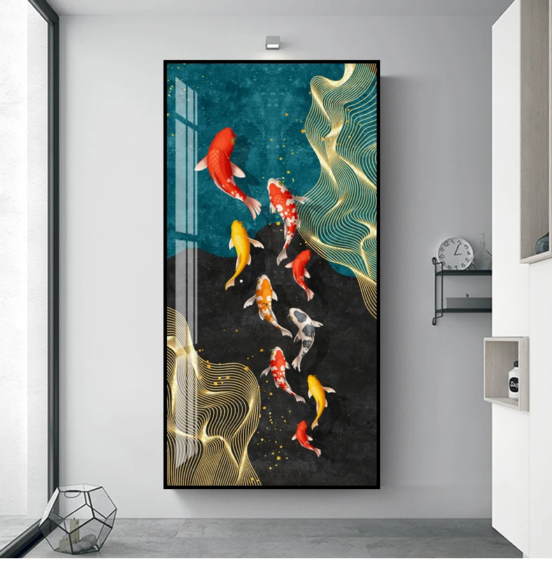 Abstract Koi Canvas Painting Wall Art FengShui Fish Posters and Prints Carp Lotus Pond Pictures for Living Room Decor Cuadros