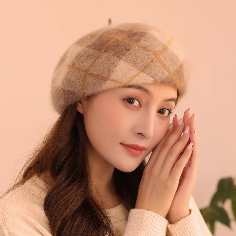 Beret Women Winter Angora Wool Hat Warm Retro Plaid Snow Outdoor Accessory For Female