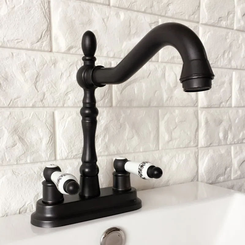 

Oil Rubbed Bronze Two Hole Bathroom faucet Dual Handle Vessel Sink Mixer Tap Hot and cold Deck Mounted zhg078