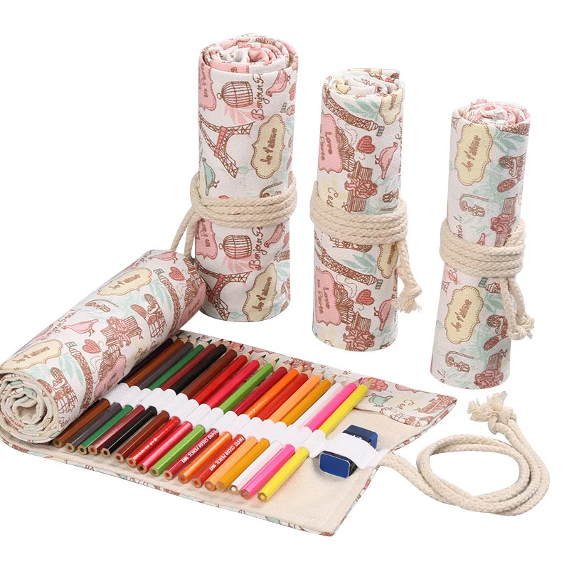 Étui à crayons coloré avec grille, esthétique antique, sac de rangement pour crayons cosmétiques, boîte de rangement de papeterie, 12 trous, 24