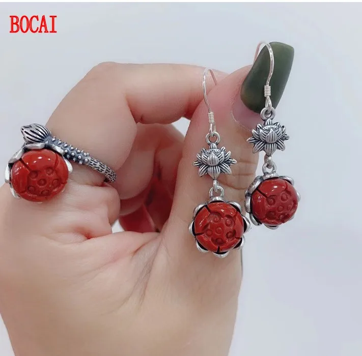 

The new S925 sterling silver inlaid vintage natural jade, white jade and red agate lotus flower personality earrings and rings f