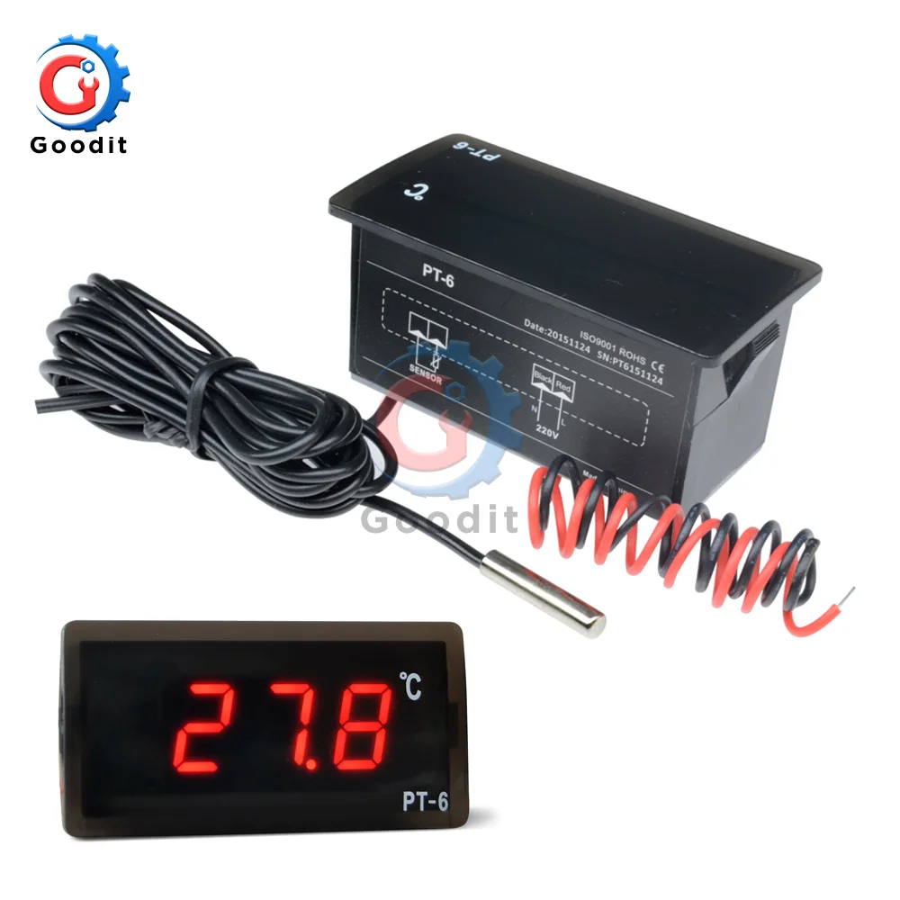 PT-6 -40~110C Digital Car Thermometer Vehicle Temperature Meter Monitor AC 220V Automotive Thermometer with 2m NTC Sensor