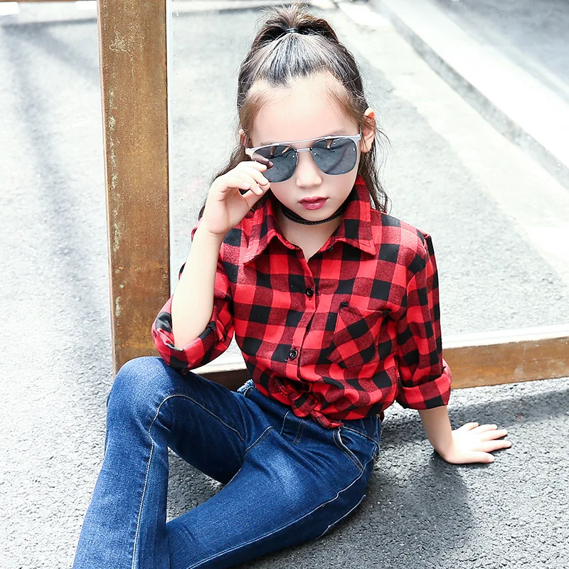 Girls' Long Sleeve Shirt Plaid Children's Shirt Cotton Mid-Length Loose Spring Middle-Size Children's Shirt 4-12 Ages