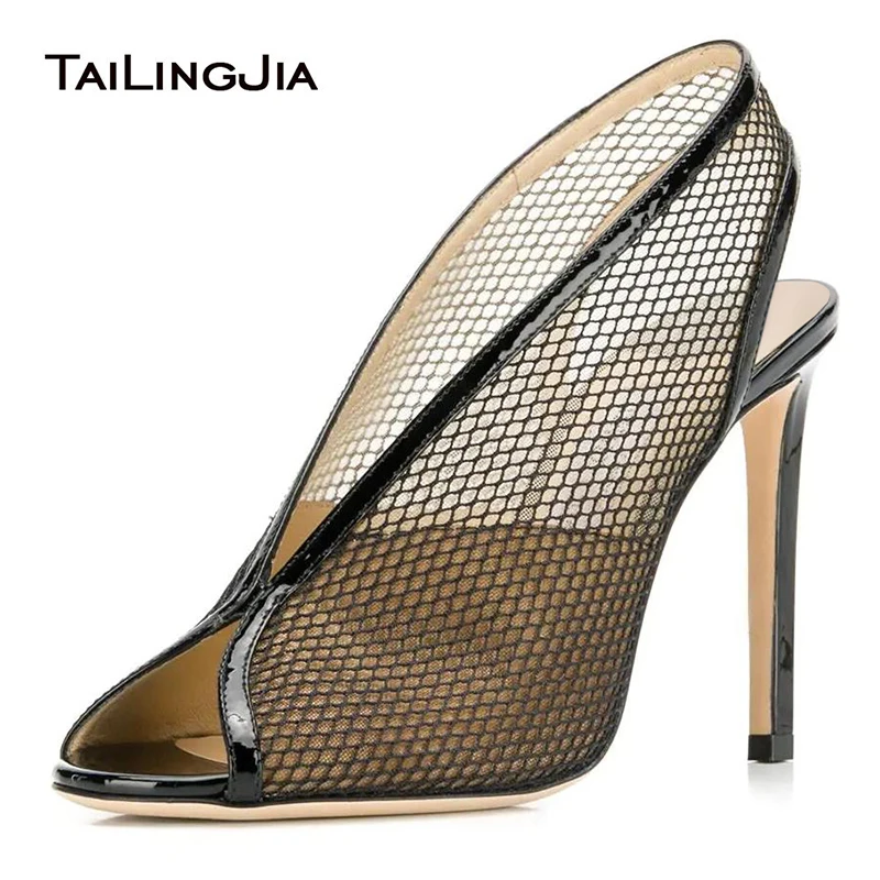 

Peep Toe Black Fishnet Slingback Heels Women 2021 High Heel Mesh Slingbacks Stiletto Sexy Pumps Woman Summer Party Dress Shoes