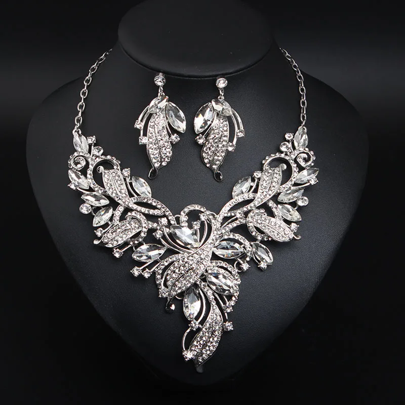 New Bridal Jewelry Set Crystal Necklace Earrings Sets Statement Choker Bib Collar Fashion Women Party Wedding Gifts Indian Dubai