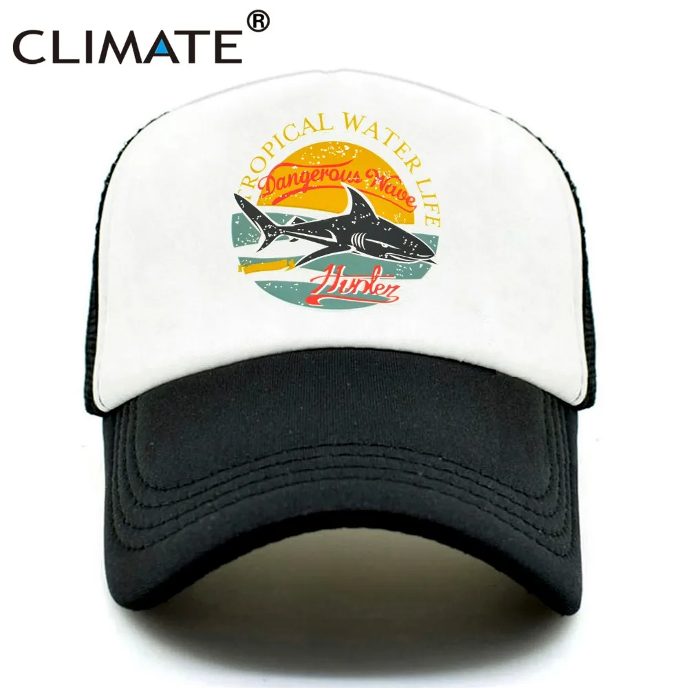 CLIMATE Shark Seaside Trucker Caps Hat Shark Hunt Surfing Men Caps Hip Hop Cool Summer Mesh Baseball Cap Hat for Men Women