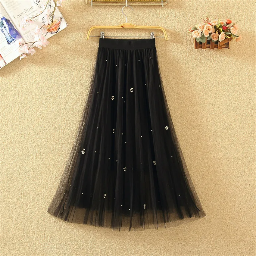 

Gowyimmes Fashion Autumn Big Size Women Beading Mesh Skirts High Waist Skirts Slim Lady Midi Long A-line Skirt Bottomings PD575