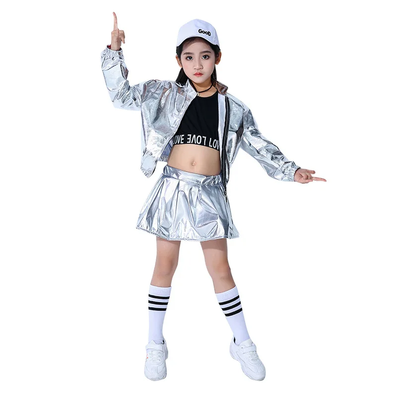 Kid\'s Hip-Hop Dance Costumes Boy Girl Bright Leather PU Silver Color Long Sleeve Jacket Coat Trousers Suit Street Dance Costume