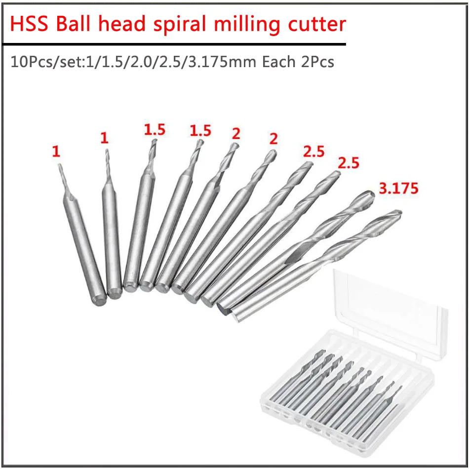 10 buah set 1 1.5 2, 2.5 3.175mm HSS kepala bola spiral milling cutter, mesin ukiran titanium berlapis bola milling cutter