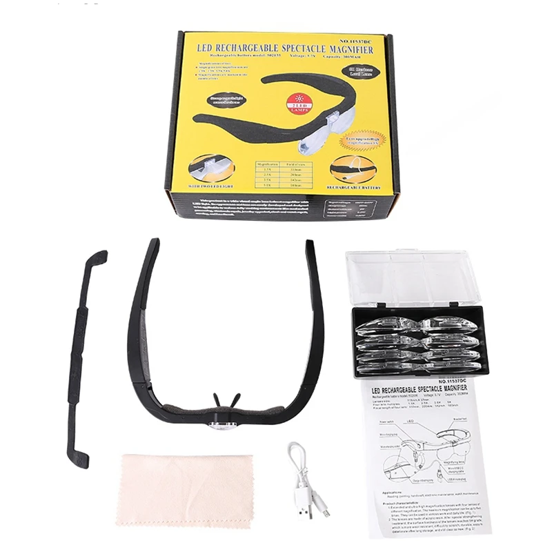 USB Rechargeable Glasses Magnifier Illuminated Headband Wearing Magnifying Loupe Third Hand for Soldering Watchmaker Tattoo