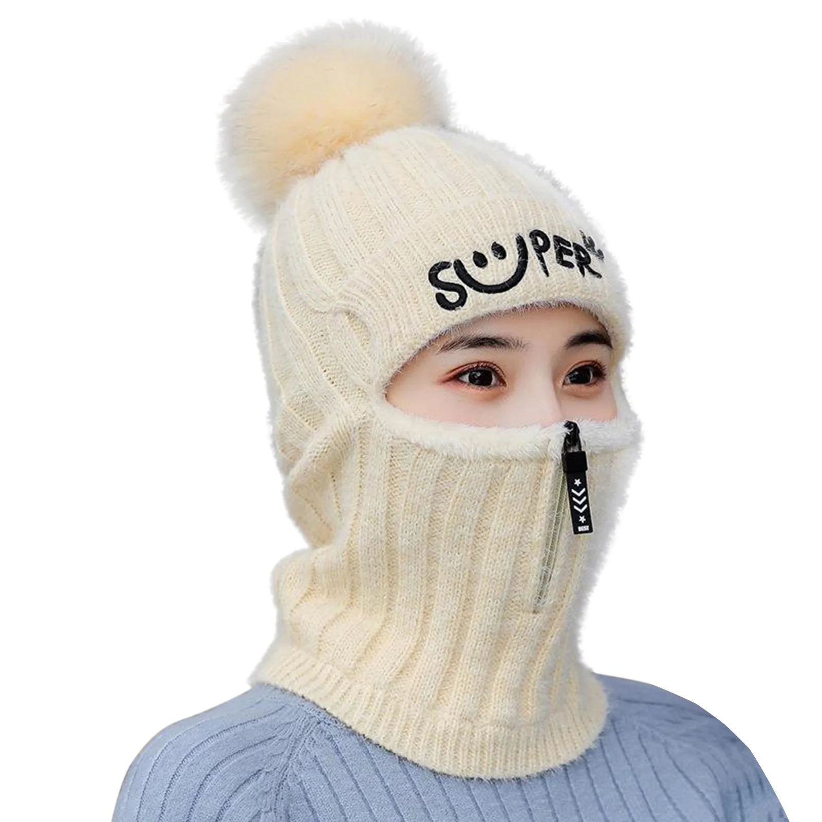 2020 Women's Fashion Winter Hats Outdoor Warm Hats Wool Ball Plus Thick Knitted Full Head Ear Neck Protection Caps For Girls