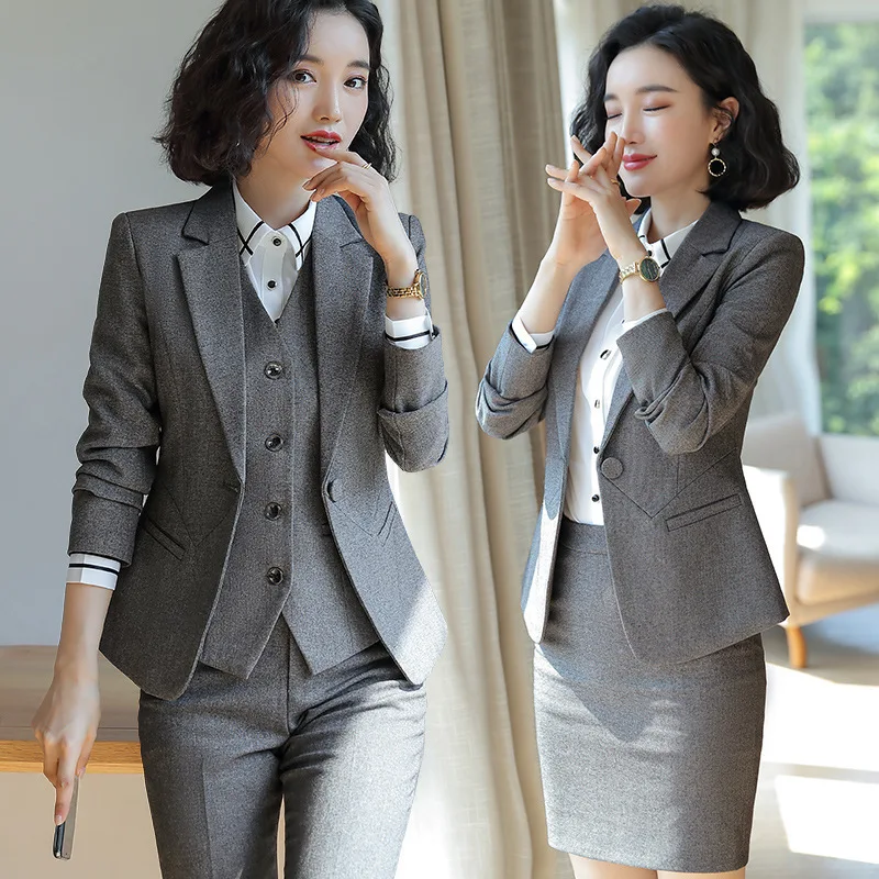 IZICFLY New Style Spring Autumn Trouser And Jacket Blazer Two Piece Set Women Work Wear Elegant Business Office Pant Suit Gray