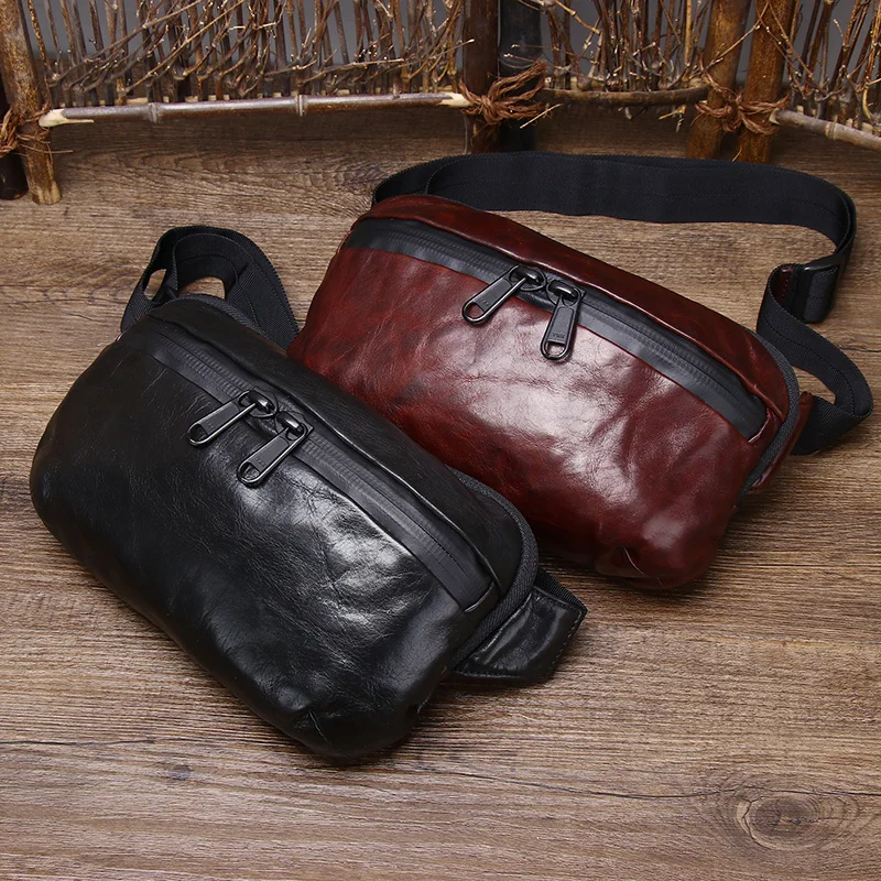 New Fashion Men\'s Chest Bag Genuine Cow Leather Luxury Handmade Male Vintage Waist Pack Small Cowboy Satchels Cell Phone Bags