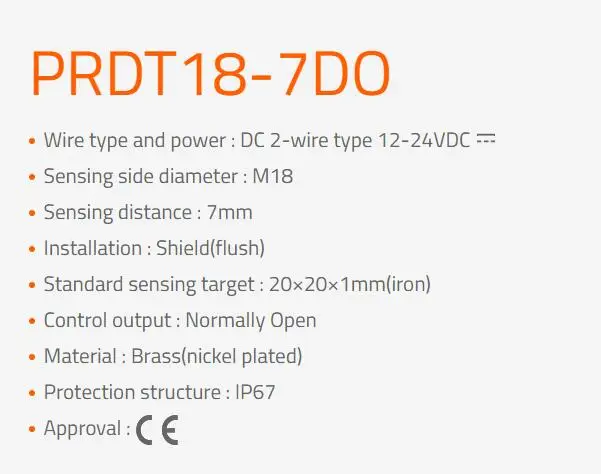 PRDT18-7DO Sensor, Inductive Prox, 18mm Round, Shielded, 7mm Sensing, NO, 2 Wire, 10-30 VDC