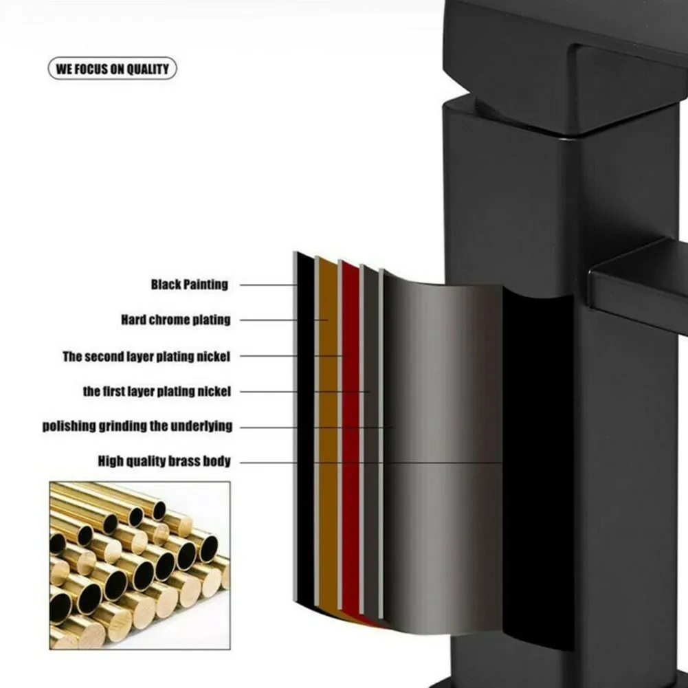 Matowy czarny kwadratowy kran umywalkowy Łazienka Kran zlewozmywakowy z ciepłą i zimną wodą 304 Stal nierdzewna Wodospad Baterie montowane na