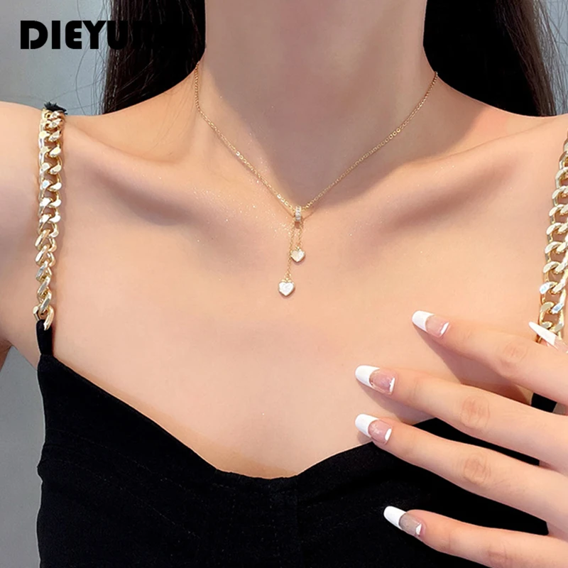 DIEYURO 316L Stainless Steel Niche Design Love Shell Girl Necklace INS Layered Adjustable Exquisite Clavicle Chain Sweet Jewelry