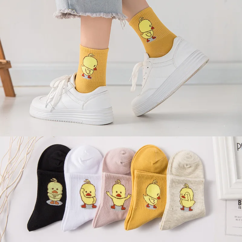 Women Socks Cotton Embroidery Pattern Sock White Black Ladies Harajuku Cartoon Yellow Buck Short Soks Streetwear Cute Funny Sox