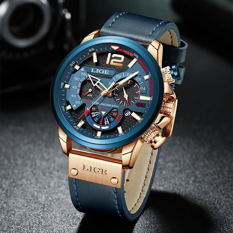 LIGE 2024 New Blue Leather Mens Watches Top Brand Luxury Quartz Watch For Men Fashion Design Clock Male Waterproof Wristwatch