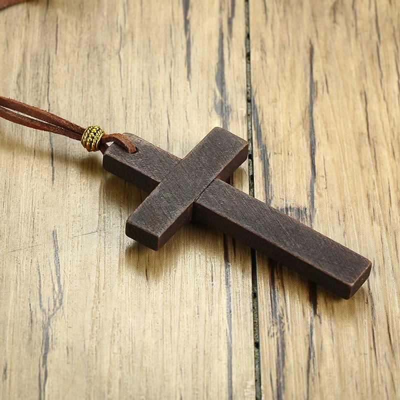 Men Wood Cross Crucifix Pendant on Cord Necklace