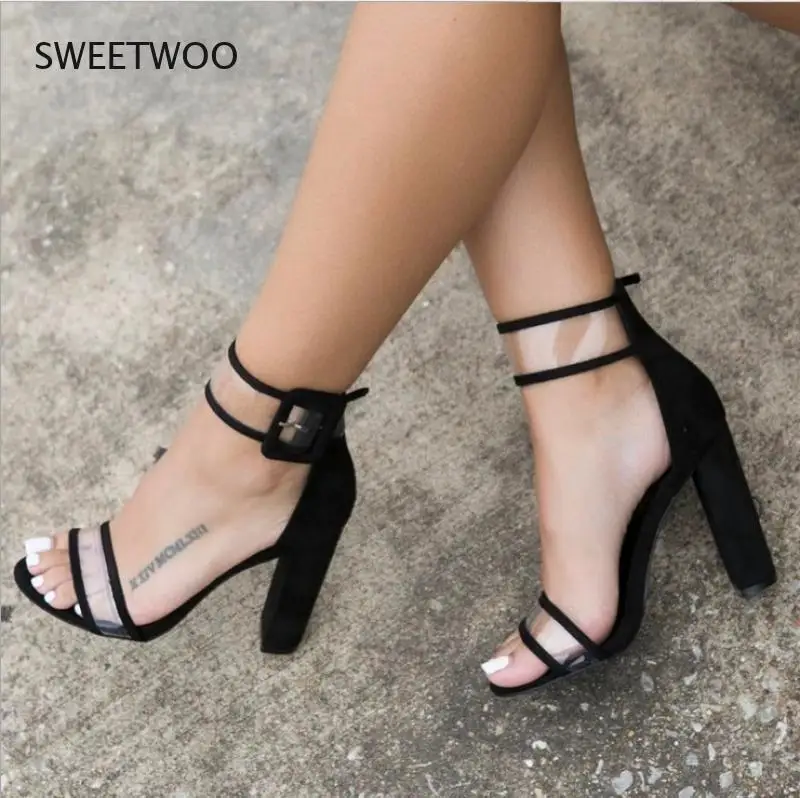 Ladies Bandage Transparent Sexy Summer Party Flock Sandal Shoes 35-42 SizeWomen Ankle Strap High Heel Sandals Shoes