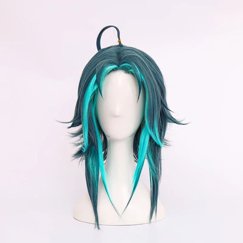 

Game Xiao Cosplay Wig Mixed Dark Green Blue Short Heat Resistant Synthetic Hair Halloween Role Play Wigs +Wig Cap