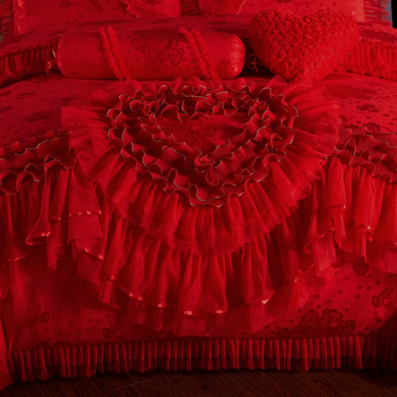 Imagem -03 - Conjunto de Cama Cetim Jacquard Vermelho Laço em Forma de Coração Capa de Edredão Princesa Casamento Lençol de Algodão Colcha Fronhas Luxo