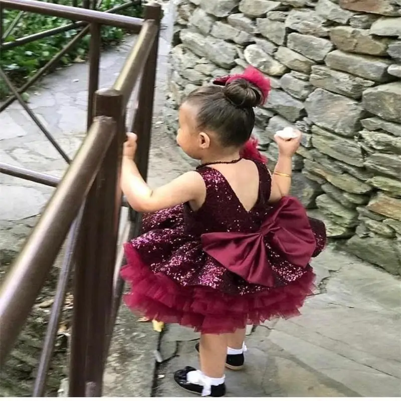 Vestidos brilhantes de lantejoulas com grande arco para crianças, roupa tutu para bebês, vestido de festa de aniversário, ocasião especial, fofo