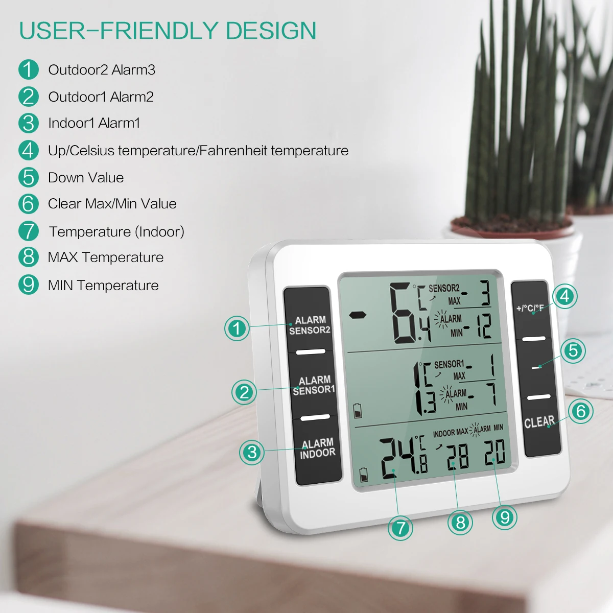 Digital Fridge Thermometer Wireless Freezer Thermometer with Indoor Temperature Monitor 2 Wireless Sensors Refrigerator Therm