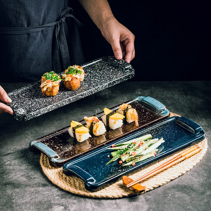 Japanese，ectangular sushi plate restaurant flat plate, blue glazed surface, high-grade dishes, pendulum plates, ceramic plates.