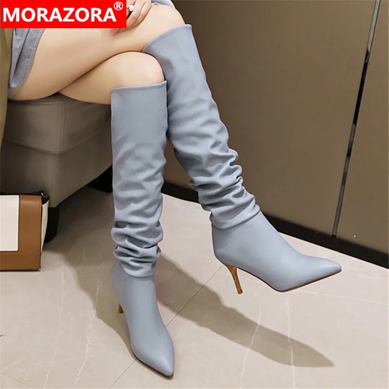 MORAZORA 2022 big size 34-43 women boots stiletto high heels pointed toe winter boots pointed toe knee high boots black