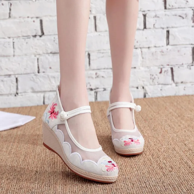 Air Mesh Wedge Pumps for Ladies 2021 Summer Women Shoes обувь для женщин летняя Ethnic Embroidered Ankle Strap Female Sandals