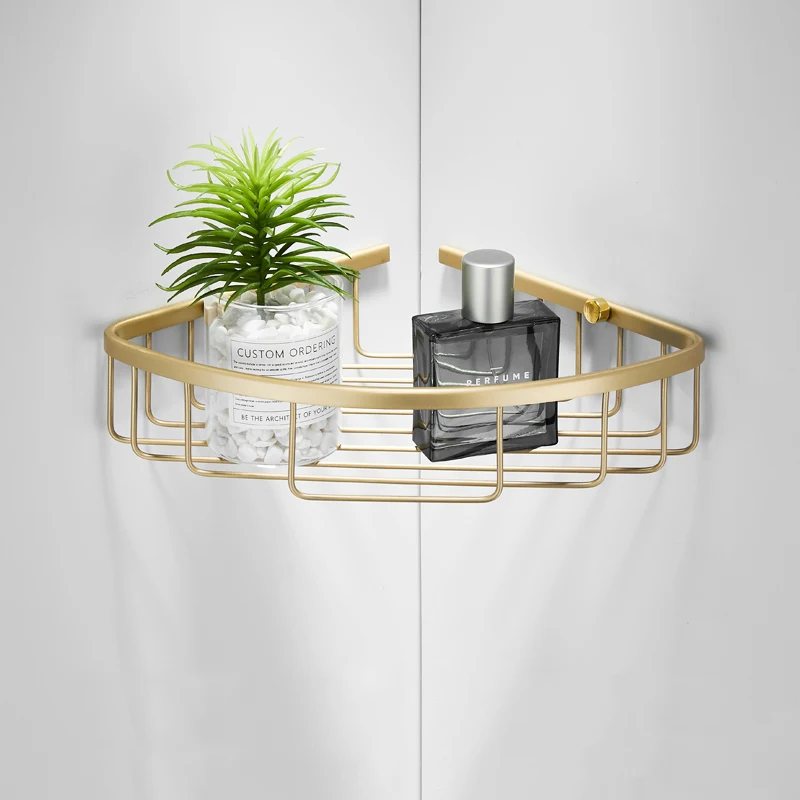 Brushed Gold Bathroom Rack Wall Mounted Shower Organizer Storage Rack Double Tier Corner Basket Bathroom Accessories