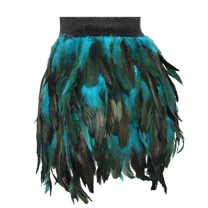 Festive Rave Elastic Peacock Blue Feathers Short Skirt Harness Straps Stage Performance Dress Sexy Women Goth Bondage Suspenders