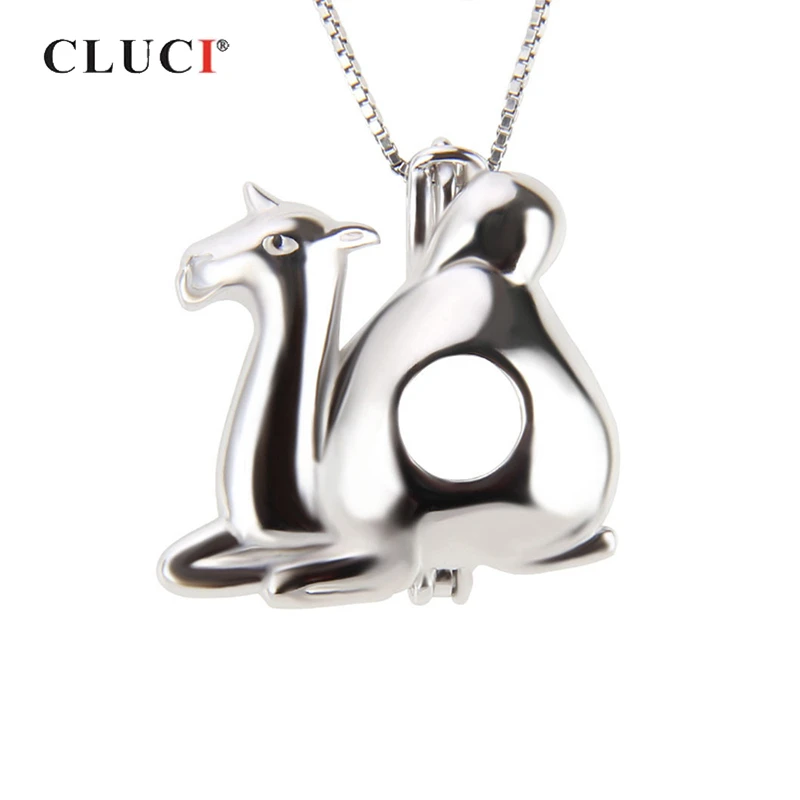 CLUCI 925 Sterling Silver Camel Shaped Charms Pendant for Women Necklace Jewelry Making Silver Cage Pendant Pearl Locket SC227SB