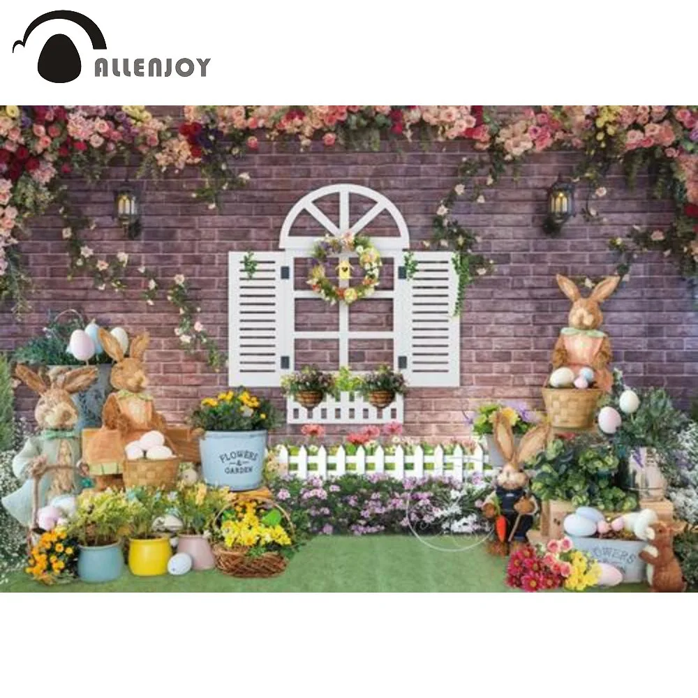 

Allenjoy Spring Easter Backdrop Rustic Garden Flowers Window Bunny Brick Wall Photography Background Party Banner Photo Zone