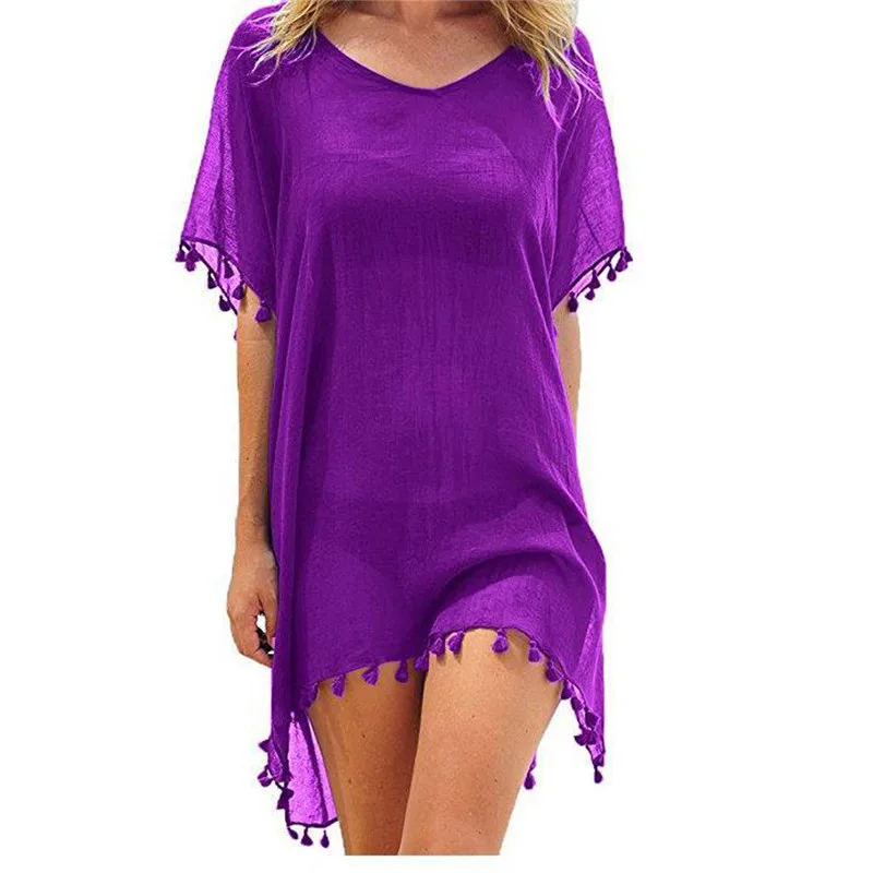 Chiffon Tassels Beach Dress Women Swim Suit Bathing Suit Cover Up Tunic Sarongs Blouses Swimwear Female Pareo Tops