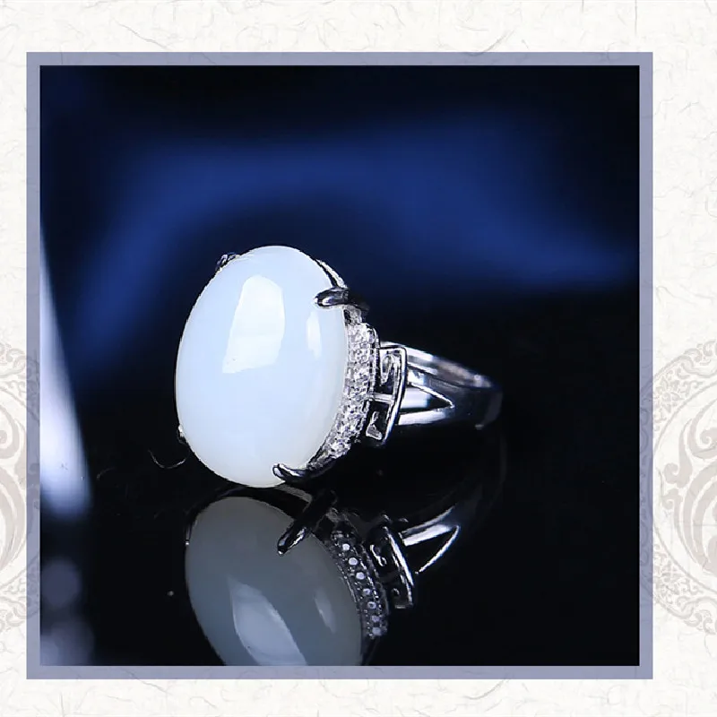 Supply S925 Sterling Silver Inlaid Xinjiang Hetian Jade White Jade Ring Egg Face White Jade Ring Ladies Ring