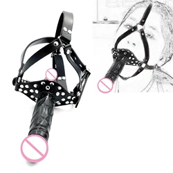 Sex Shop Double-Ended Dildo Gag Strapon Head Harness Mouth Plug Penis Realistic Cock Dick BDSM Erotic Sex toy For Lesbian Women