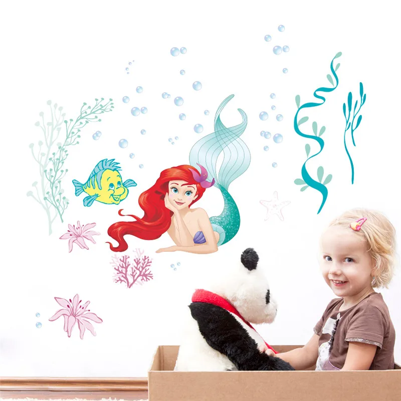 Cartoon princess Mermaid Ariel Princess Fish Bubble Wall Stickers For Kids Room Home Decoration Diy Mural Art Girls Wall Decals