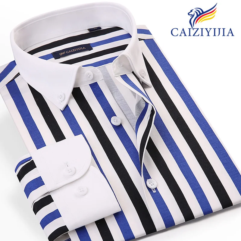 Men\'s Contrast Collar Striped Dress Shirt Long Sleeve Button Down Casual Spring Slim Fit Male Business Formal Social Shirts