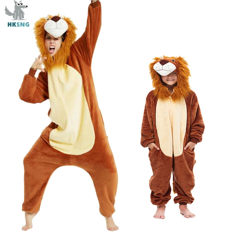 Flannel 3D Lion Adult Kigurumi Pajamas Onesie Cartoon Pajama Animal Halloween Party Costume Jumpsuits Hooded Pyjamas Suit Outfit