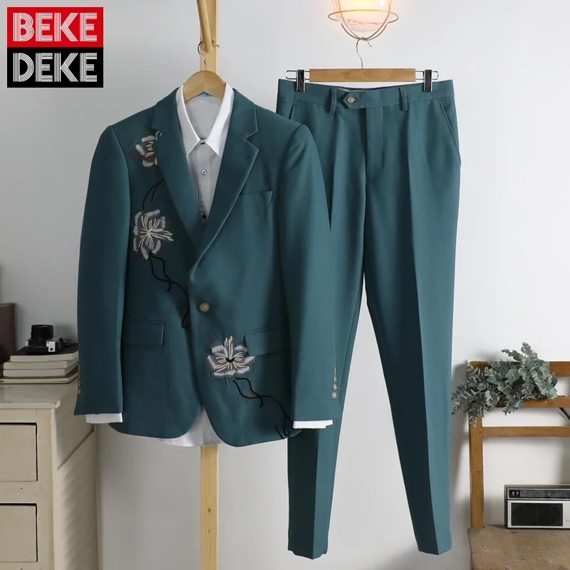 Elegant Fashion Flower Embroidery Slim Blazer Men Two Pieces Set Solid Green Business Office Leisure Jackets Suit Pants Set