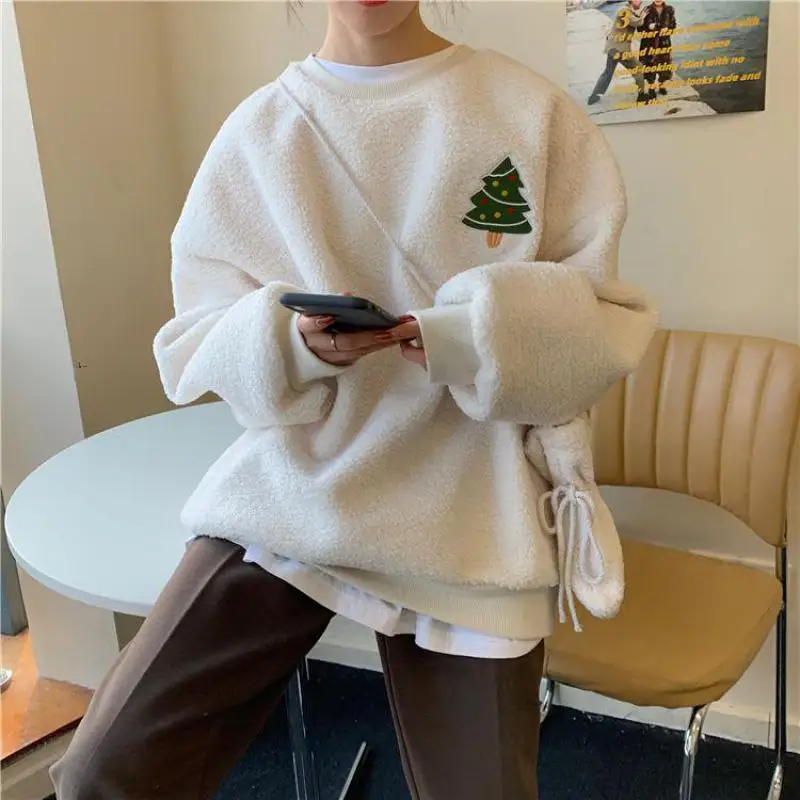 Autumn Winter Polar Fleece Loose Clothes Women Sweatshirt Harajuku Embroidered Christmas Tree Cute Snowman Happy Pullover Female