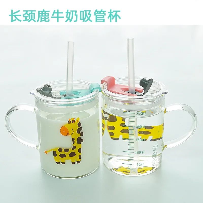 250ml Breakfast Milk Cup Microwave Heating Cartoon Fawn Straw Cup Creative Scale Children\'s Water Cup Glass Water Bottle