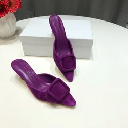 Zapatos de tacón medio y fino para mujer, calzado de gamuza sintética con hebilla grande, suela de cuero genuino, para boda, primavera y verano