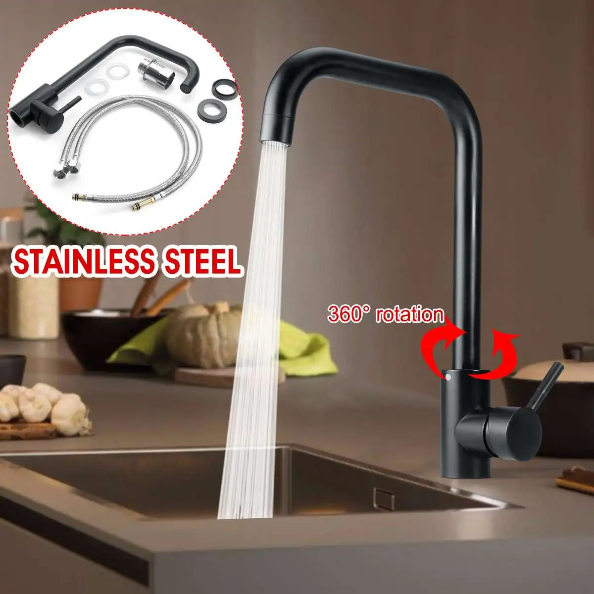 Grifo de cocina de acero inoxidable, rociador de agua fría y caliente para fregadero de cocina, con una sola manija y rotación de 360 grados, color negro